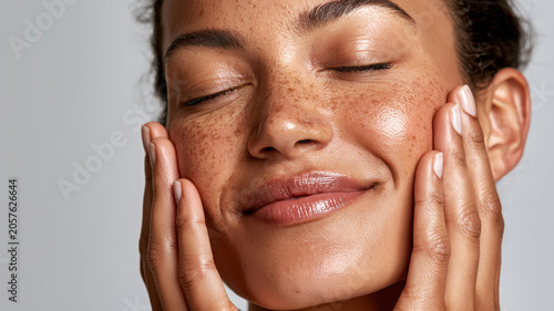 Woman gently touching cheeks, showing beautiful healthy skin with natural freckles, experiencing moments of serenity, embracing holistic beauty and radiant well being