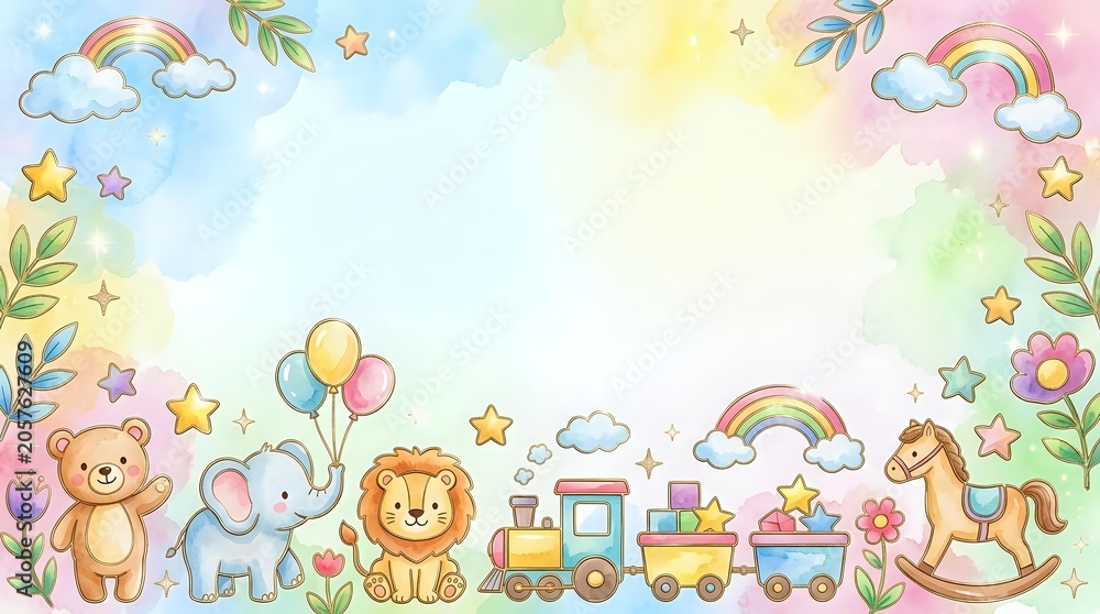 Fototapeta premium Cute teddy bear, lion, elephant and rocking horse with balloons, train, rainbows and stars on pastel background. Nursery wall art.