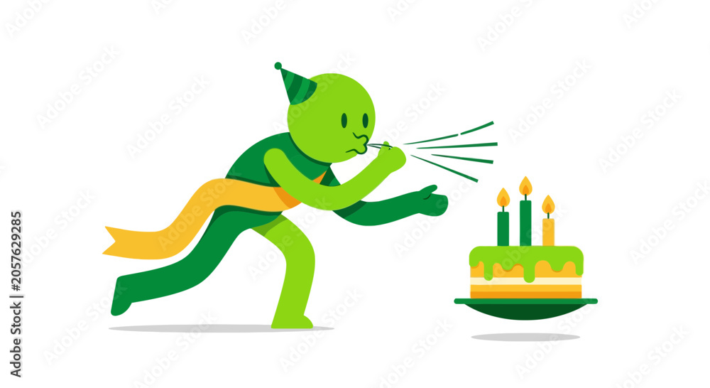 Obraz premium Green Character Blowing Out Birthday Cake Candles Illustration