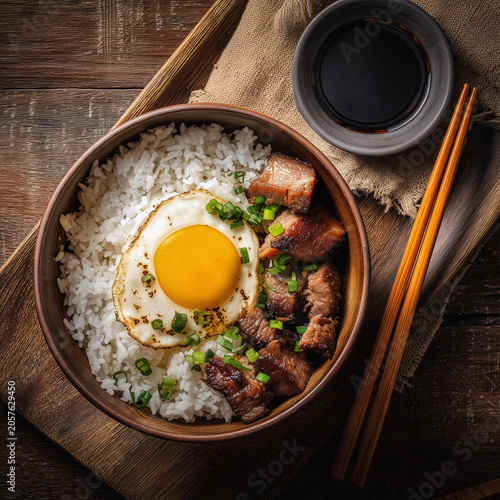 Tender teriyaki pork belly served with rice and a sunny side up egg, topped with fresh spring onions