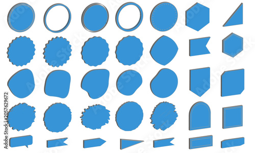 3D Style Blue Badge and Label Vector Set with Isometric Geometric Frames and Ribbons

