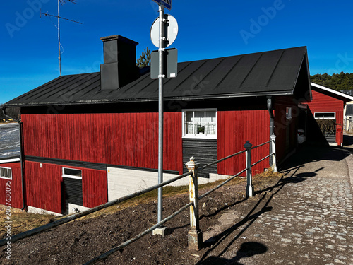 Traditional Old Wooden Houses on Medieval Street of Porvoo (Borgå) in Finland. 