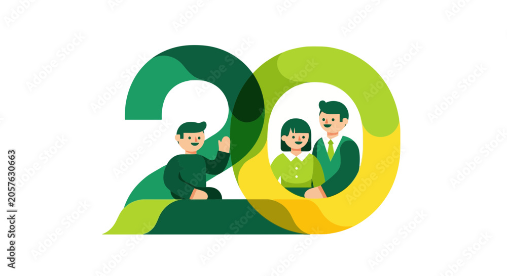 Obraz premium Creative Green Number 20 Vector Logo with Family Characters Illustration