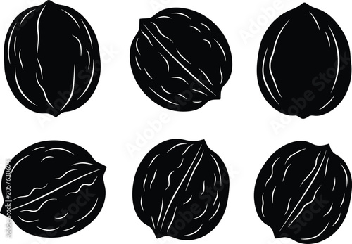 Whole walnut shell solid silhouette vector illustration set with linocut style texture for organic grocery snack food product design.