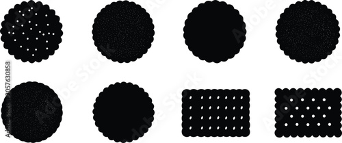 Round and rectangular biscuits silhouette vector illustration bundle with various cookie stencils for sweet pastry dessert food product design.