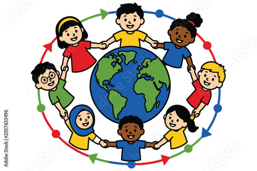 Diverse children holding hands around the world globe Vector