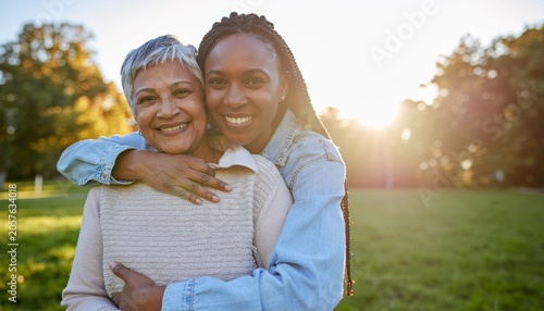 Adult daughter embracing elderly mother during heartfelt reunion, authentic emotions