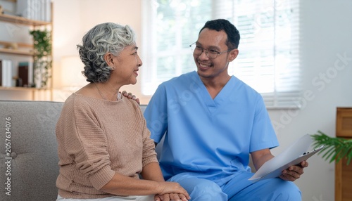 Healthcare volunteer comforting elderly person, compassion and trust, realistic human
