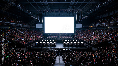 Massive auditorium screen stage with audience at esports tournament or conference