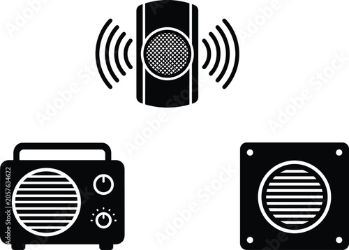 Foto Minimalist black and white illustration of sound devices including speaker emitt