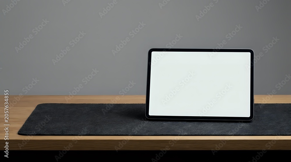 Fototapeta premium Laptop with blank white screen on wooden desk with dark mat, gray background, mockup for web design and business presentations.