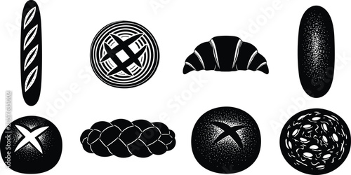 Foto Bakery bread vector illustration set with baguette croissant challah and sourdou