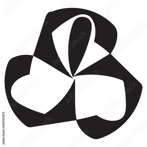 Abstract geometric shape consisting of white overlapping petal forms set against a solid dark organic background element
