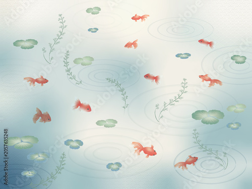 Tableau sur toile 涼感金魚と水紋の和柄夏背景：淡いブルーの水色の水面に金魚、水草、浮き草、波紋を散りばめた涼やかな和柄背景。暑中見舞い、手帳デコ、シール、便箋、はがき、シール帳