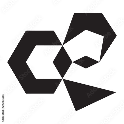 Abstract monochrome geometric design featuring interconnected hexagonal shapes and triangular elements isolated on a plain white background