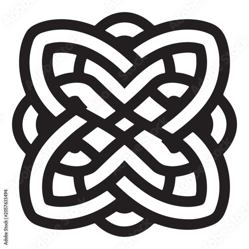 Isolated black and white ornamental celtic knot pattern with symmetrical interwoven lines on a white background