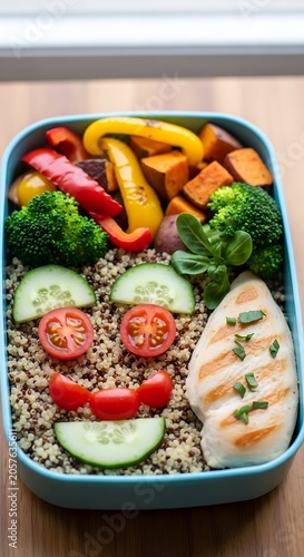 Colorful healthy lunch box with fresh vegetables and meat.