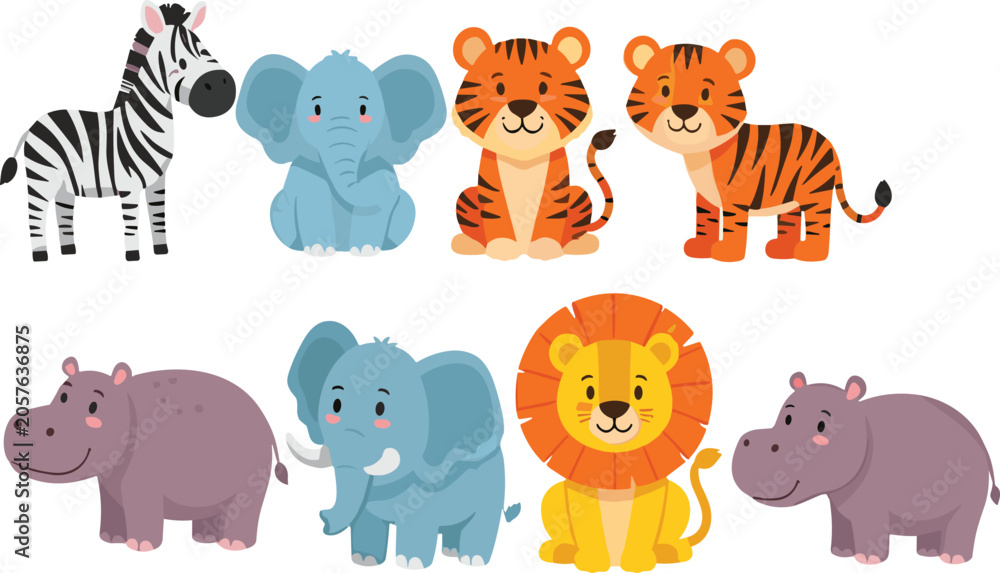Fototapeta premium Cute cartoon animal collection vector illustration featuring jungle wildlife, safari creatures, birds, insects, and adorable zoo character design set