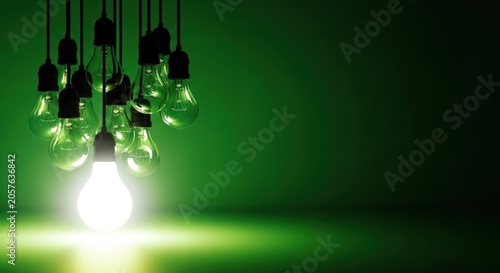 A single illuminated light bulb hangs among several dark bulbs from a fixture against a green background.
