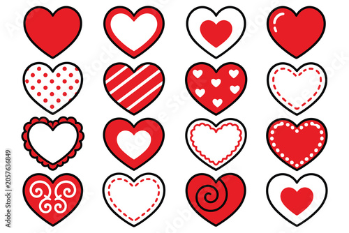Set of cute red heart icons for romantic greeting cards Vector
