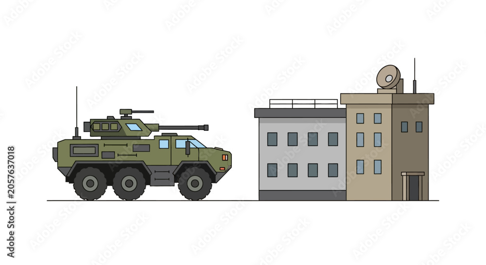 Obraz premium Military Armored Vehicle Beside Building Illustration
