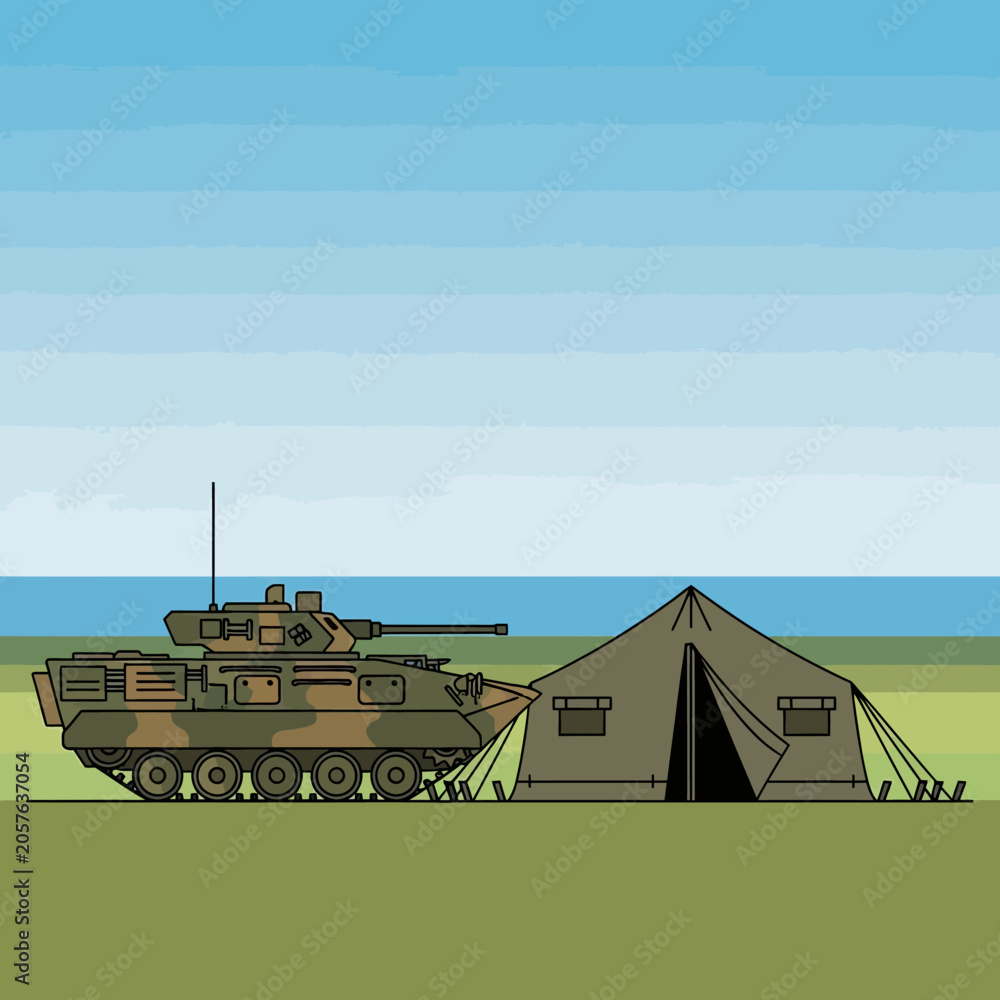 Fototapeta premium Military armored vehicle beside a camouflaged tent in a grassy field with blue sky
