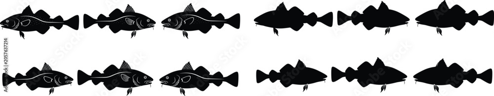 Fototapeta premium Cod fish silhouette vector illustration set with detailed shapes for commercial fishing seafood market restaurant menu graphic design element