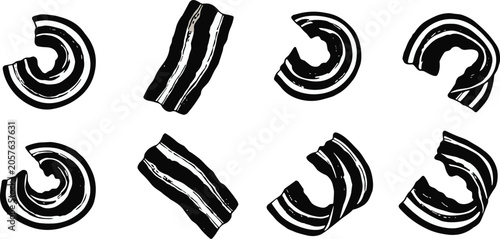 Crispy curved bacon strips vector illustration set with round rolled slices for breakfast restaurant menu culinary graphic design element