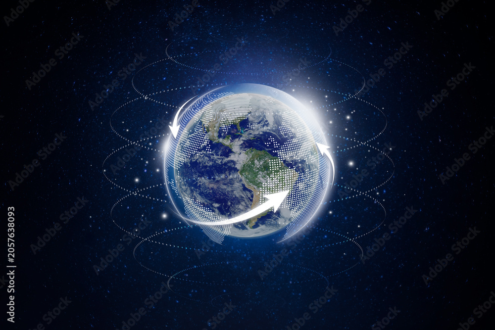 Fototapeta premium Glowing digital Earth with orbiting arrows and data lines in space