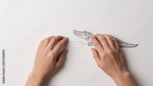Drawing crocodile drawn white paper there hands either side positioned way touching has long snout tail eyes o