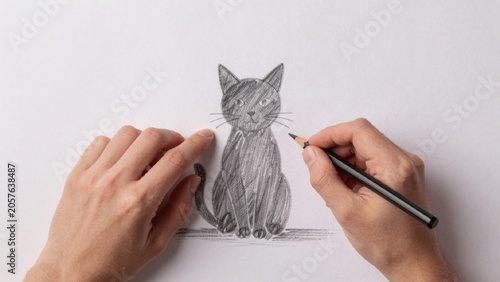 Person drawing cat piece paper white holding pencil black gray right side left person drawing cat piece paper