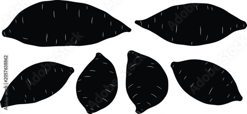 Sweet potato silhouette vector illustration set with six detailed organic root vegetables for healthy diet cooking recipe and grocery market graphic design.