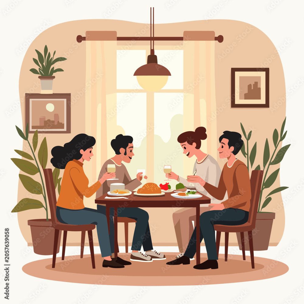Fototapeta premium Family Gathering For A Meal At A Dining Table With Food And Drinks