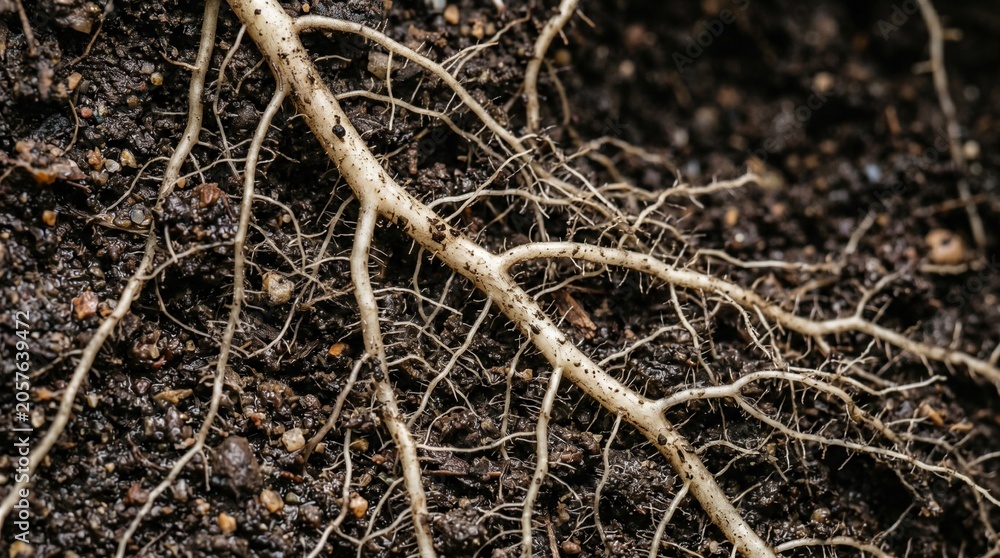 Fototapeta premium Close-up View of Intricate Plant Root System Spreading Through Dark Fertile Soil Ground Texture