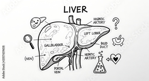 Human liver anatomy diagram with gallbladder and bile ducts.