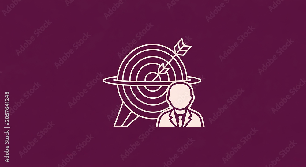 Fototapeta premium Businessman stands next to a large circular target with a central arrow representing precise goal attainment and strategic vision.