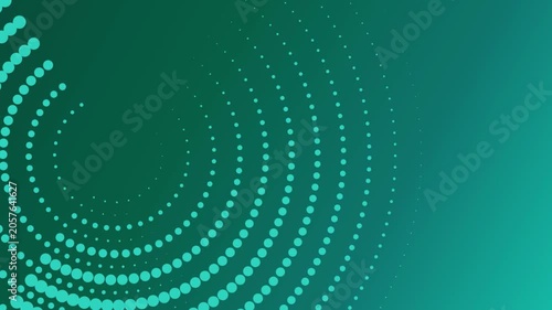 Splendid and beautiful vibrant circular halftone array grid loop footage. Displays a sweeping circular arc of bright cyan halftone dots that progressively scale down in an isometric crescent framing 