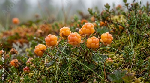 Ripe orange cloudberries growing on green moss in the wild tundra