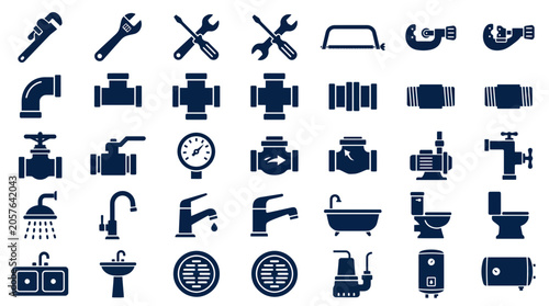 Large set of dark blue plumbing and sanitary equipment icons including wrenches, pipes, valves, faucets and toilets, providing professional plumbing services and maintenance solutions