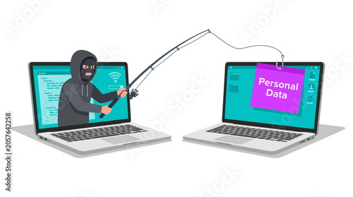 Cyber hacker in mask holding fishing rod to steal personal data from laptop screen on white background, symbolizing internet phishing scams and illustrating identity theft concepts
