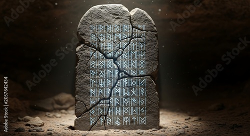 Ancient cracked stone tablet with glowing blue runes in a dark cave