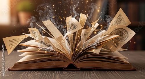 Magical ancient book with glowing sparks and ethereal smoke
