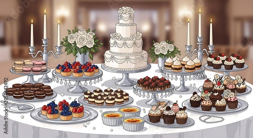 Elegant holiday dessert table with festive treats and decorations.