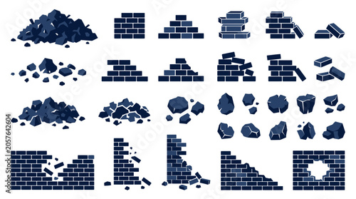 Vector silhouette icons of broken brick walls, piles of debris, stones and masonry ruins on white background, symbolizing urban demolition, illustrating structural failure concepts