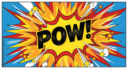 Comic book explosion with POW effect on blue background