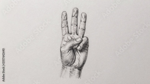 Black white drawing hand has fingers slightly curled thumb larger than other skin wrinkled painted dark color