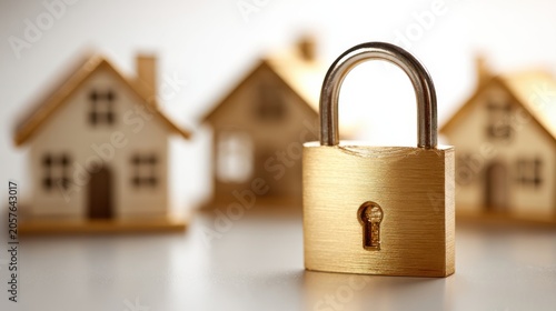 A close-up shot of a golden padlock in front of miniature house models, symbolizing security and protection