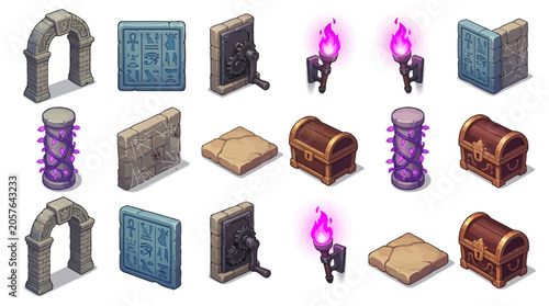 Isometric game assets collection featuring ancient stone archways, hieroglyphic tablets, magical torches and treasure chests, provides resources for fantasy RPG level design and mobile gaming