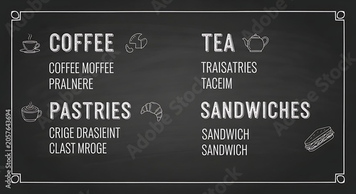 Coffee tea pastries sandwiches menu board display.