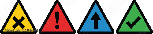Set of colorful triangular warning road sign icons with cross exclamation mark arrow and check mark symbols on white background